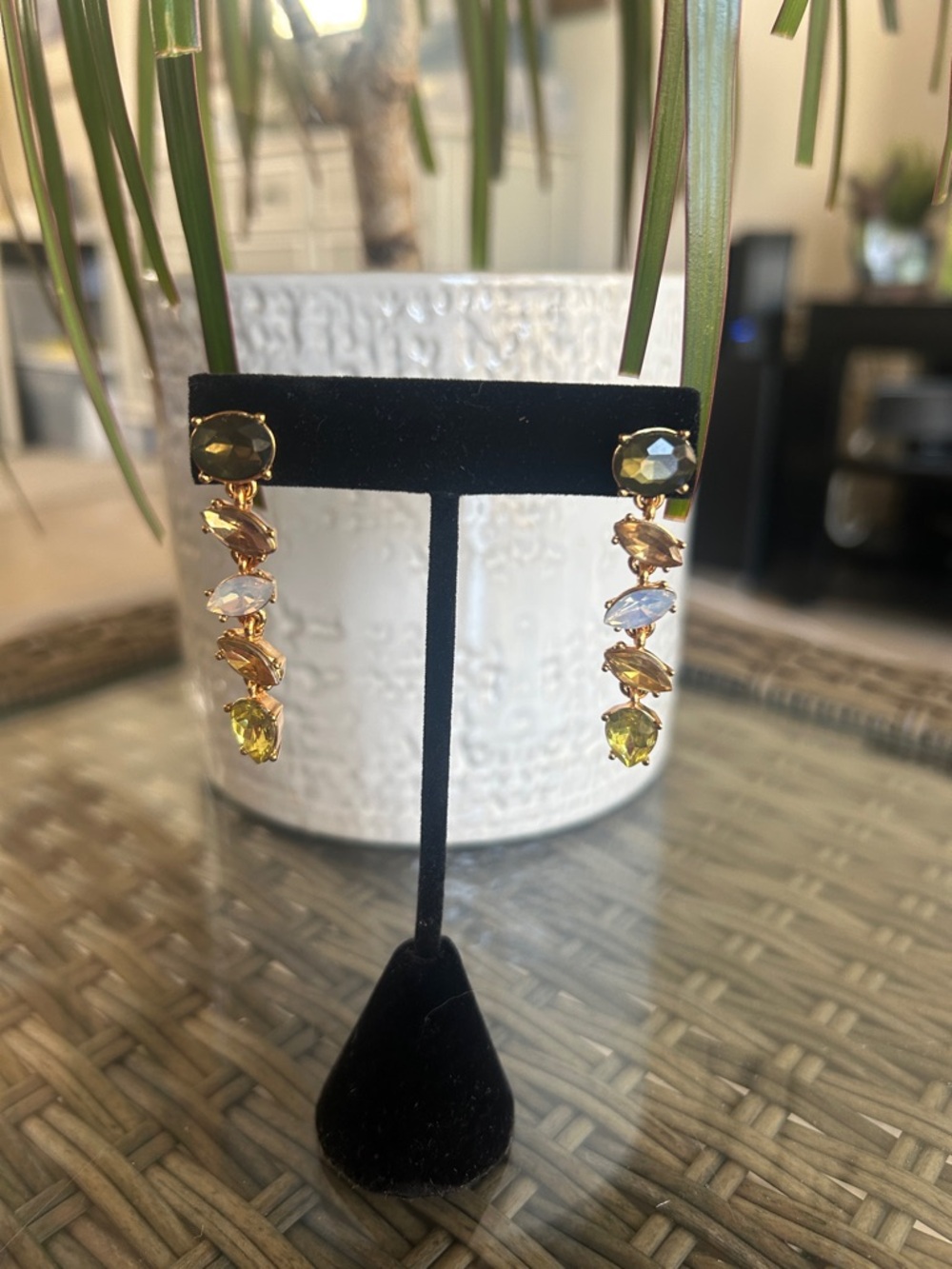 Gold-Tone Drop Earrings with Olive Green and Clear Stones